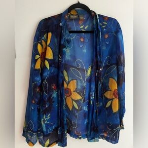 Abstract Painting Blue Sheer Buttondown Blouse - Vintage